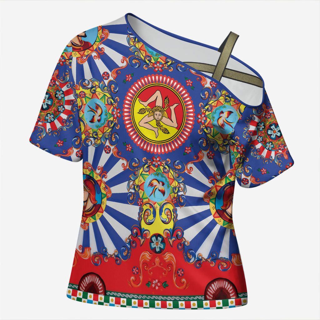 Carretto Siciliano Folk Art Cross Shoulder Shirt Trinacria Symbol Italian Pattern