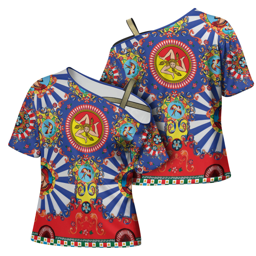 Carretto Siciliano Folk Art Cross Shoulder Shirt Trinacria Symbol Italian Pattern