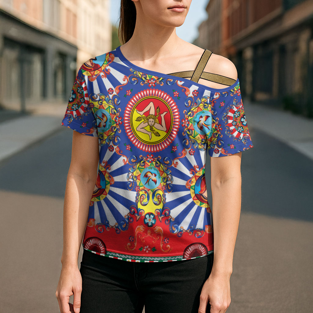 Carretto Siciliano Folk Art Cross Shoulder Shirt Trinacria Symbol Italian Pattern
