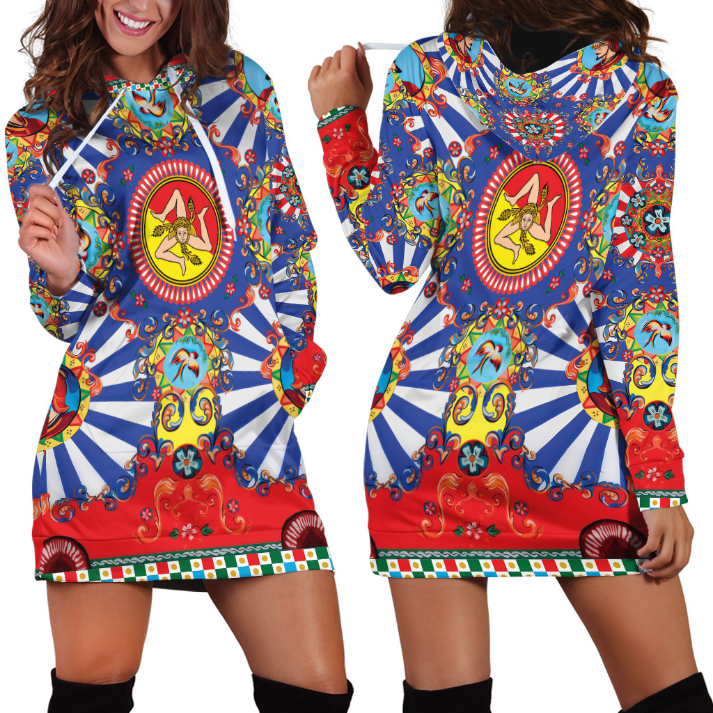 Carretto Siciliano Folk Art Hoodie Dress Trinacria Symbol Italian Pattern