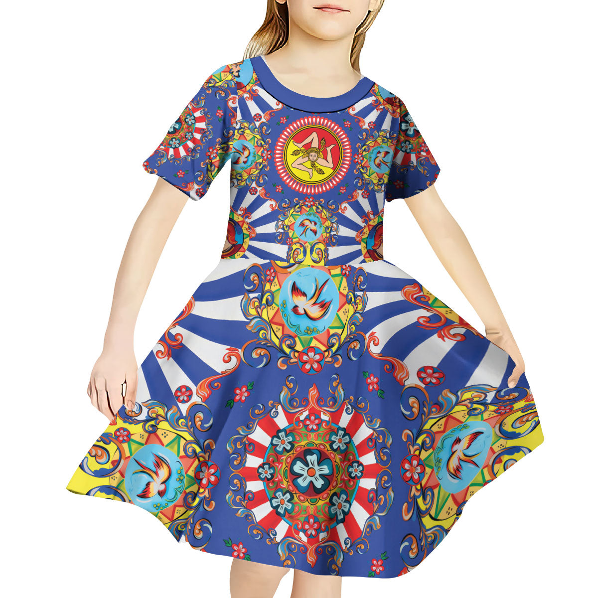 Carretto Siciliano Folk Art Kid Short Sleeve Dress Trinacria Symbol Italian Pattern