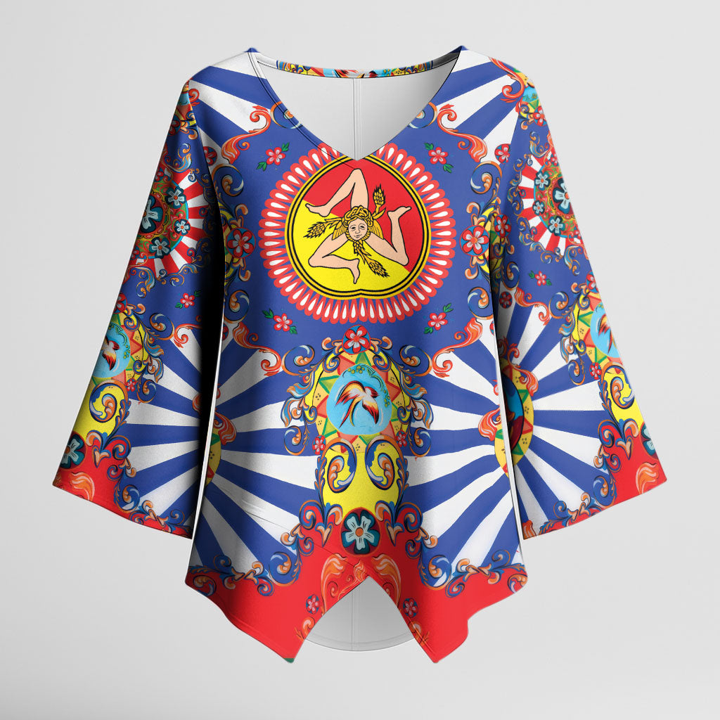 Carretto Siciliano Folk Art Kimono Sleeve Blouse Trinacria Symbol Italian Pattern