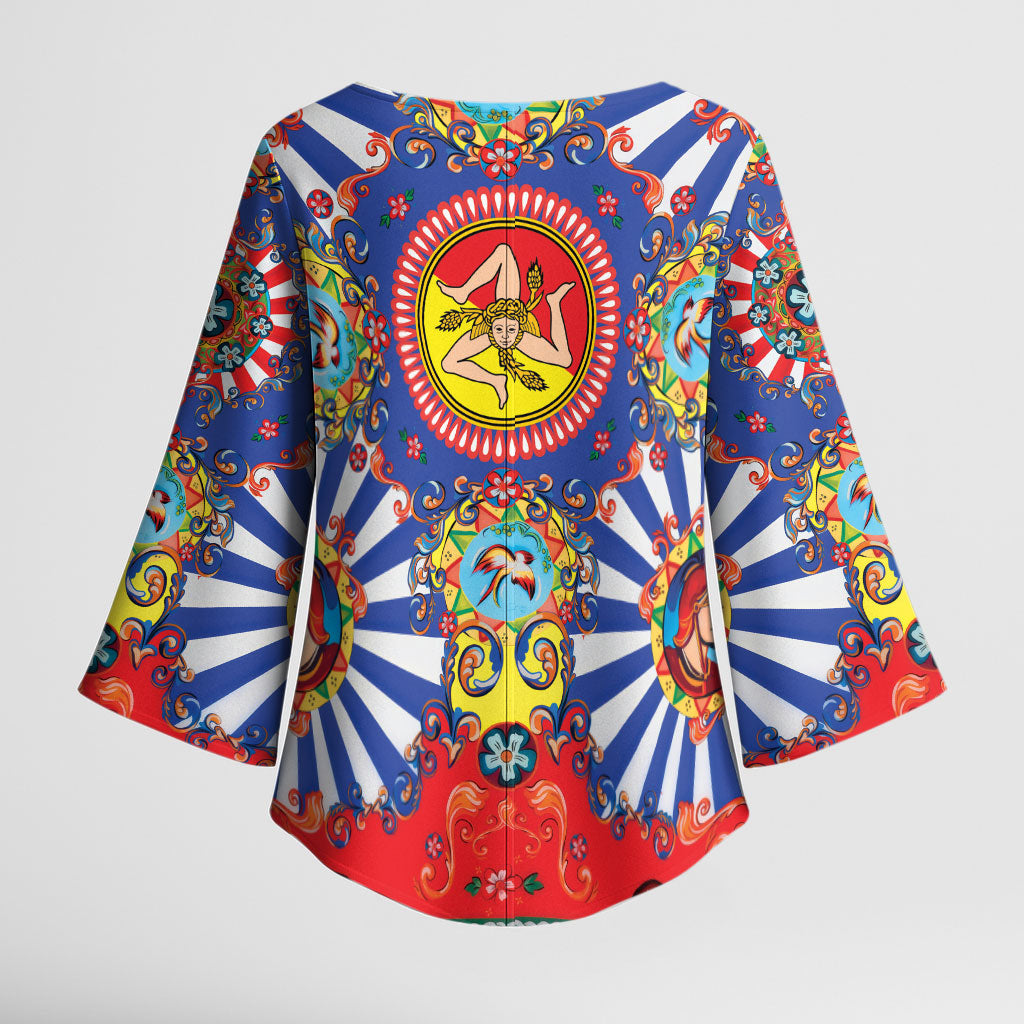 Carretto Siciliano Folk Art Kimono Sleeve Blouse Trinacria Symbol Italian Pattern