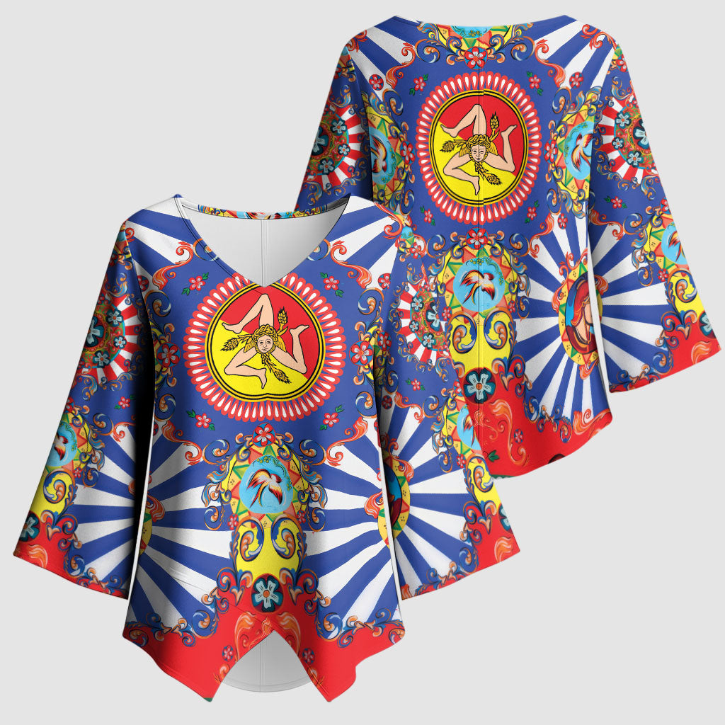 Carretto Siciliano Folk Art Kimono Sleeve Blouse Trinacria Symbol Italian Pattern