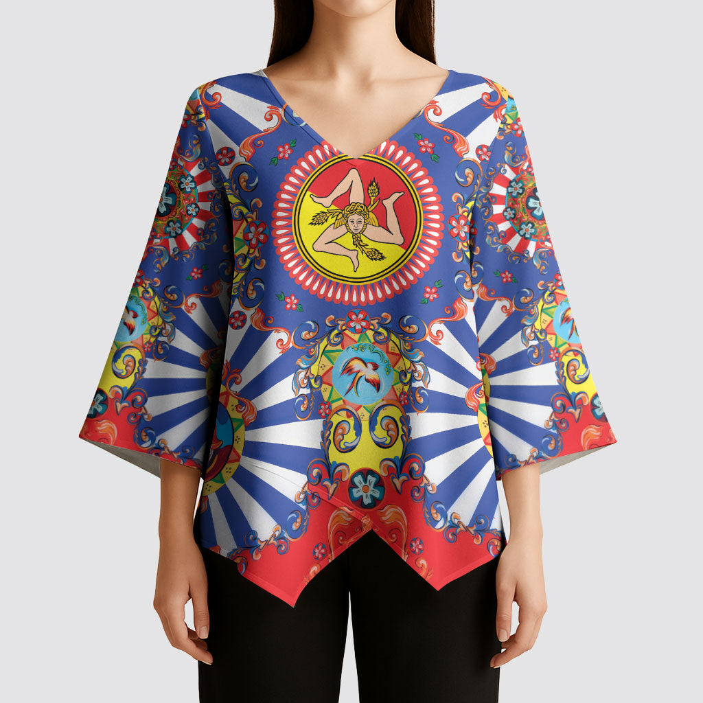 Carretto Siciliano Folk Art Kimono Sleeve Blouse Trinacria Symbol Italian Pattern