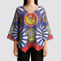 Carretto Siciliano Folk Art Kimono Sleeve Blouse Trinacria Symbol Italian Pattern