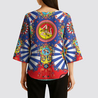 Carretto Siciliano Folk Art Kimono Sleeve Blouse Trinacria Symbol Italian Pattern