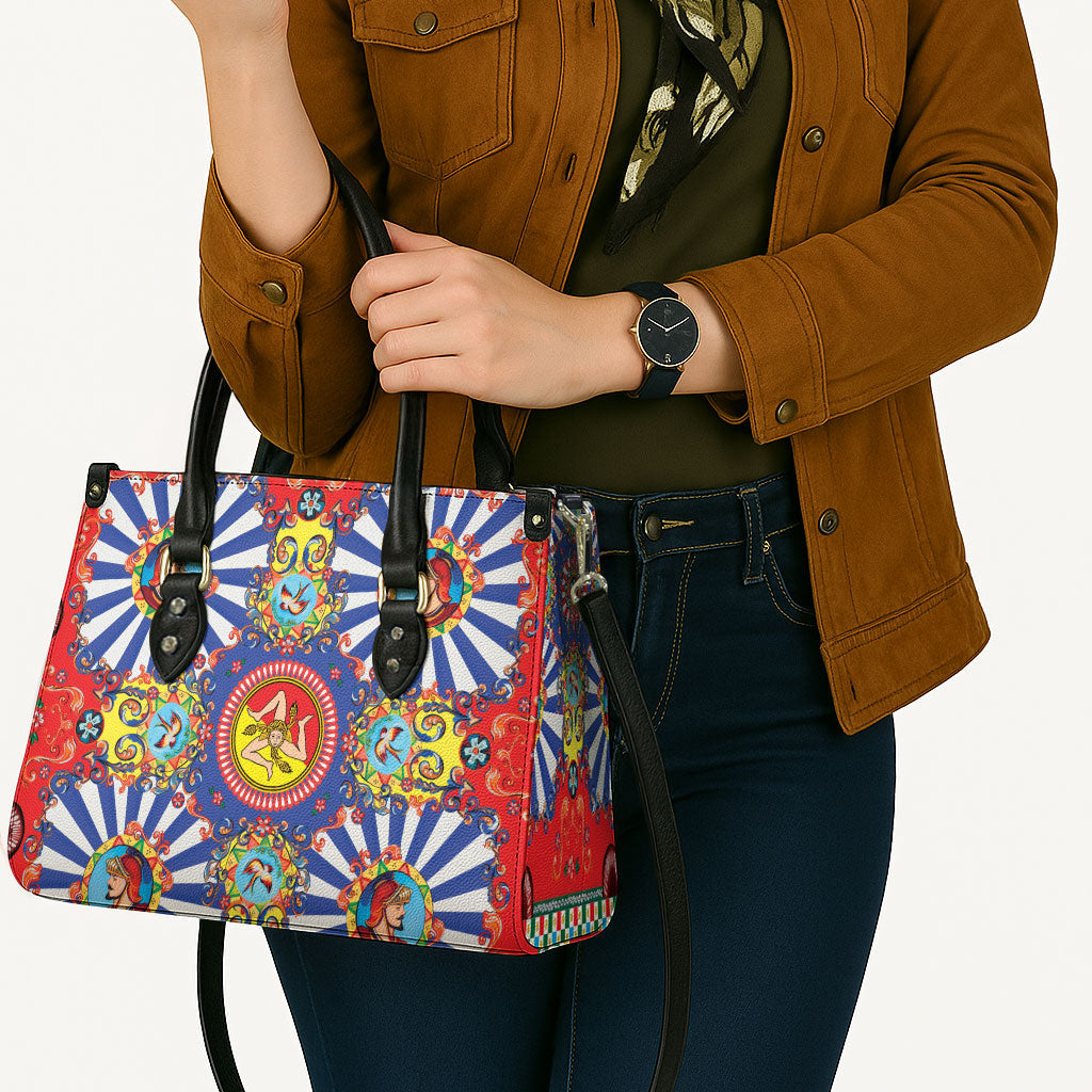 Carretto Siciliano Folk Art Leather Bag Trinacria Symbol Italian Pattern