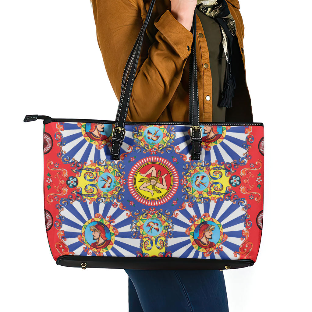 Carretto Siciliano Folk Art Leather Tote Bag Trinacria Symbol Italian Pattern