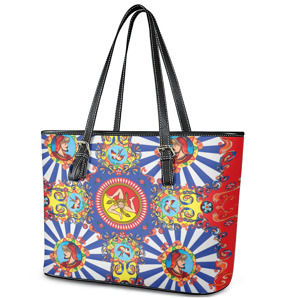 Carretto Siciliano Folk Art Leather Tote Bag Trinacria Symbol Italian Pattern