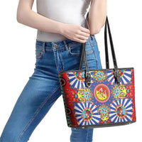 Carretto Siciliano Folk Art Leather Tote Bag Trinacria Symbol Italian Pattern