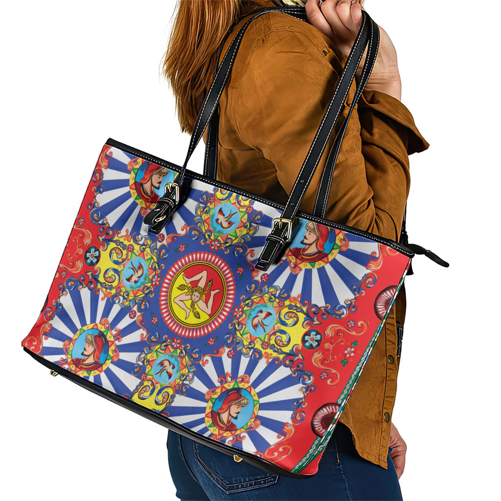 Carretto Siciliano Folk Art Leather Tote Bag Trinacria Symbol Italian Pattern