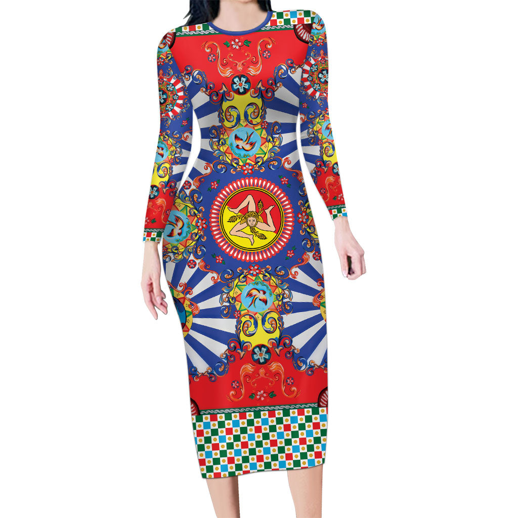 Carretto Siciliano Folk Art Long Sleeve Bodycon Dress Trinacria Symbol Italian Pattern