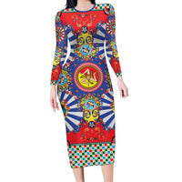 Carretto Siciliano Folk Art Long Sleeve Bodycon Dress Trinacria Symbol Italian Pattern