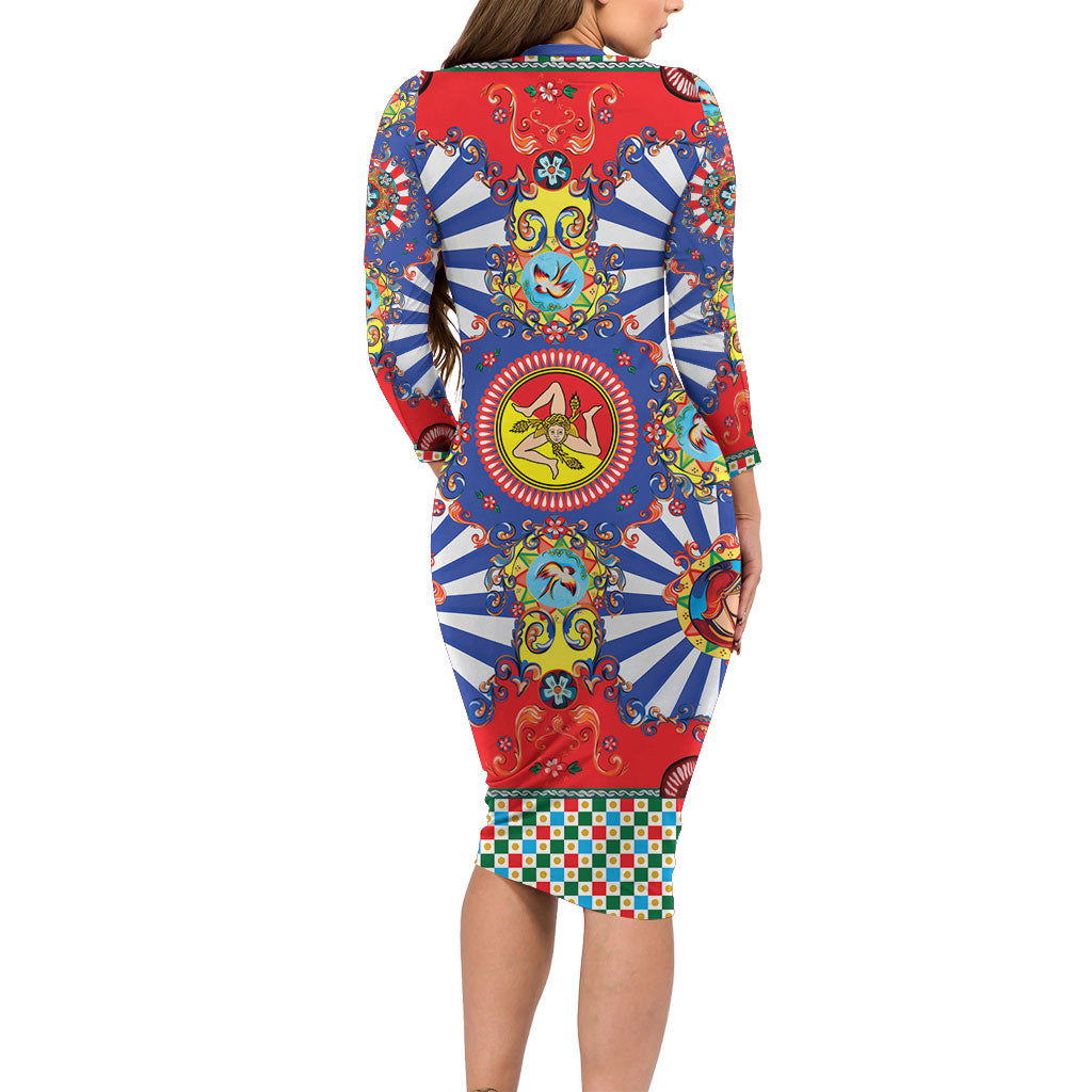 Carretto Siciliano Folk Art Long Sleeve Bodycon Dress Trinacria Symbol Italian Pattern