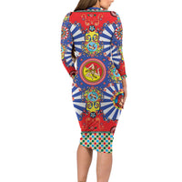 Carretto Siciliano Folk Art Long Sleeve Bodycon Dress Trinacria Symbol Italian Pattern