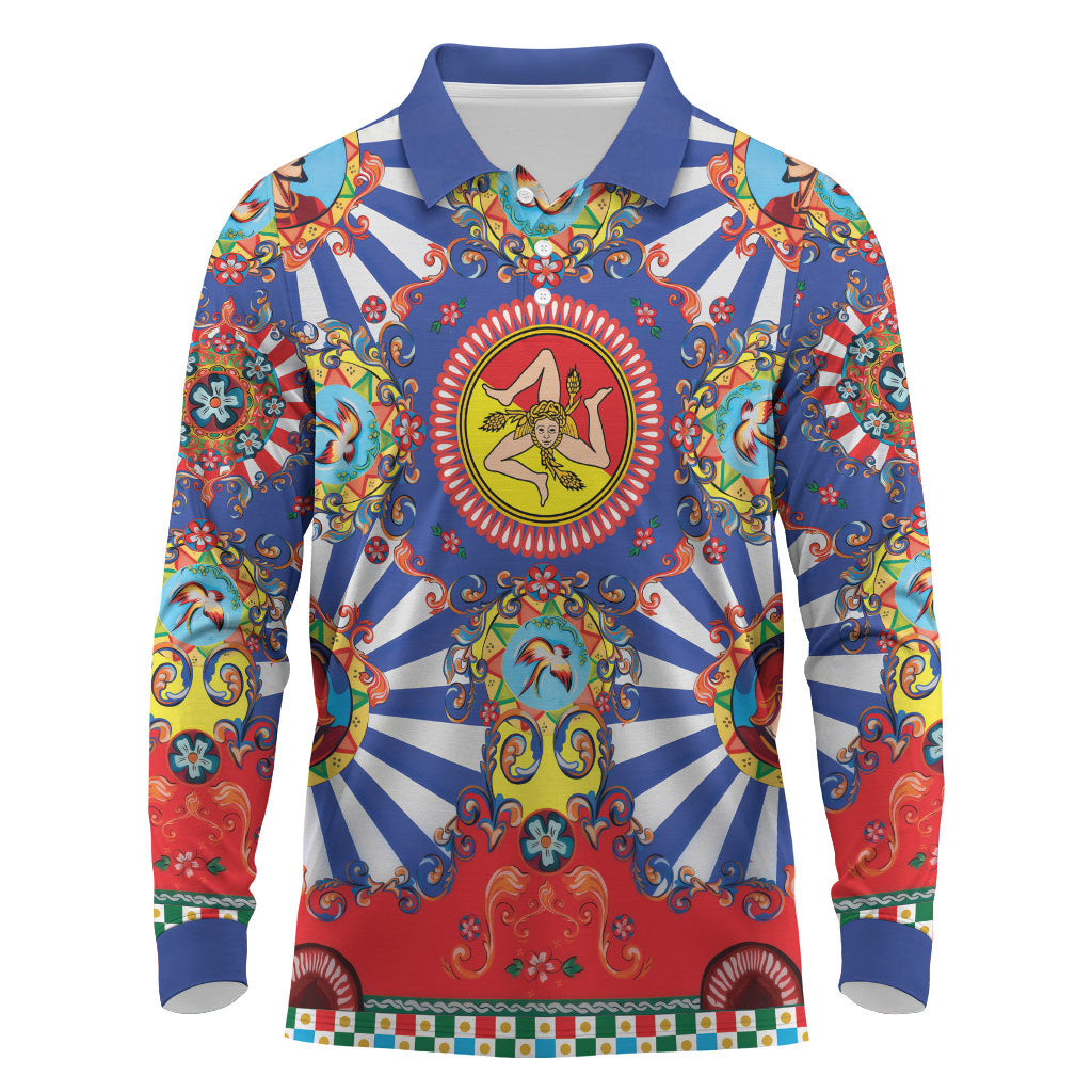 Carretto Siciliano Folk Art Long Sleeve Polo Shirt Trinacria Symbol Italian Pattern