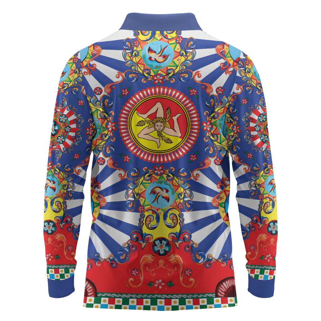 Carretto Siciliano Folk Art Long Sleeve Polo Shirt Trinacria Symbol Italian Pattern