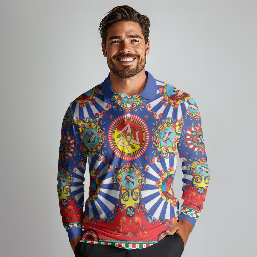 Carretto Siciliano Folk Art Long Sleeve Polo Shirt Trinacria Symbol Italian Pattern