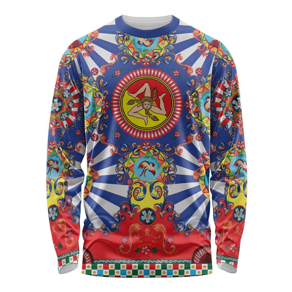 Carretto Siciliano Folk Art Long Sleeve Shirt Trinacria Symbol Italian Pattern