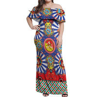 Carretto Siciliano Folk Art Off Shoulder Maxi Dress Trinacria Symbol Italian Pattern