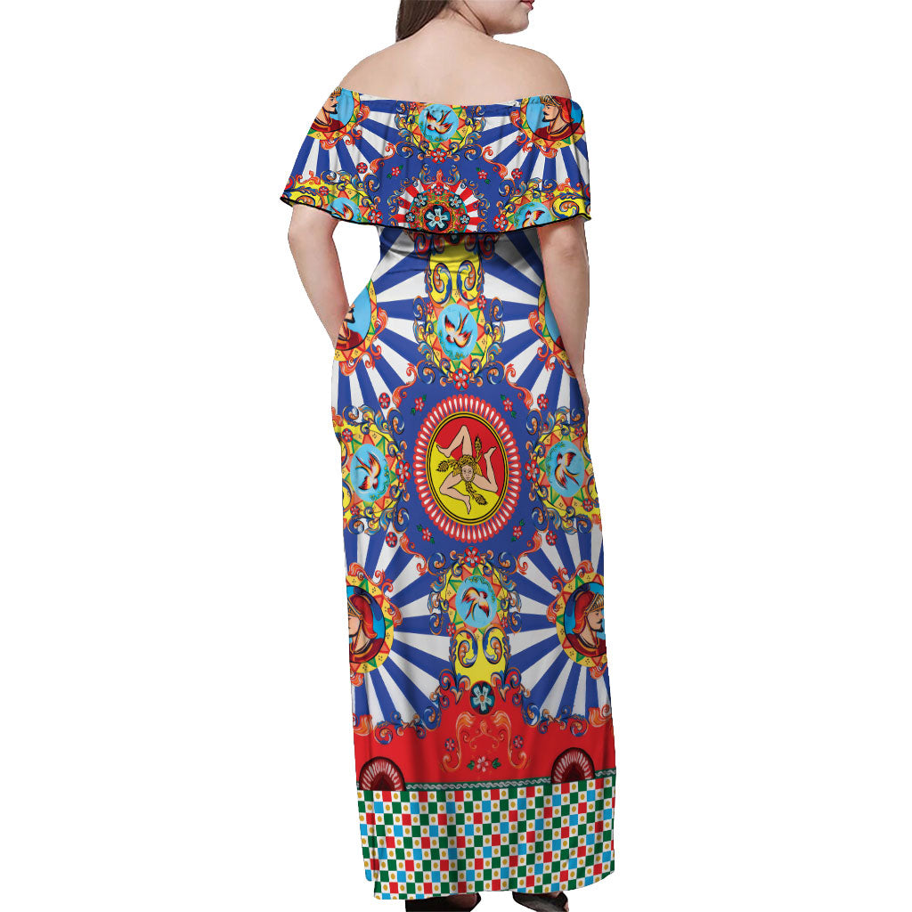 Carretto Siciliano Folk Art Off Shoulder Maxi Dress Trinacria Symbol Italian Pattern