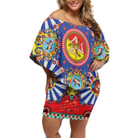 Carretto Siciliano Folk Art Off Shoulder Short Dress Trinacria Symbol Italian Pattern
