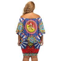 Carretto Siciliano Folk Art Off Shoulder Short Dress Trinacria Symbol Italian Pattern