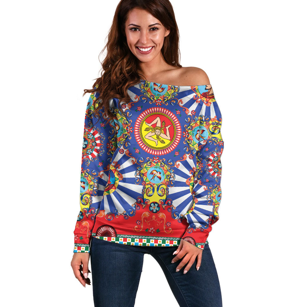 Carretto Siciliano Folk Art Off Shoulder Sweater Trinacria Symbol Italian Pattern