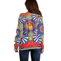 Carretto Siciliano Folk Art Off Shoulder Sweater Trinacria Symbol Italian Pattern