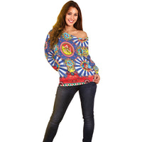 Carretto Siciliano Folk Art Off Shoulder Sweater Trinacria Symbol Italian Pattern