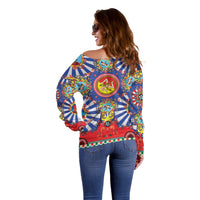 Carretto Siciliano Folk Art Off Shoulder Sweater Trinacria Symbol Italian Pattern