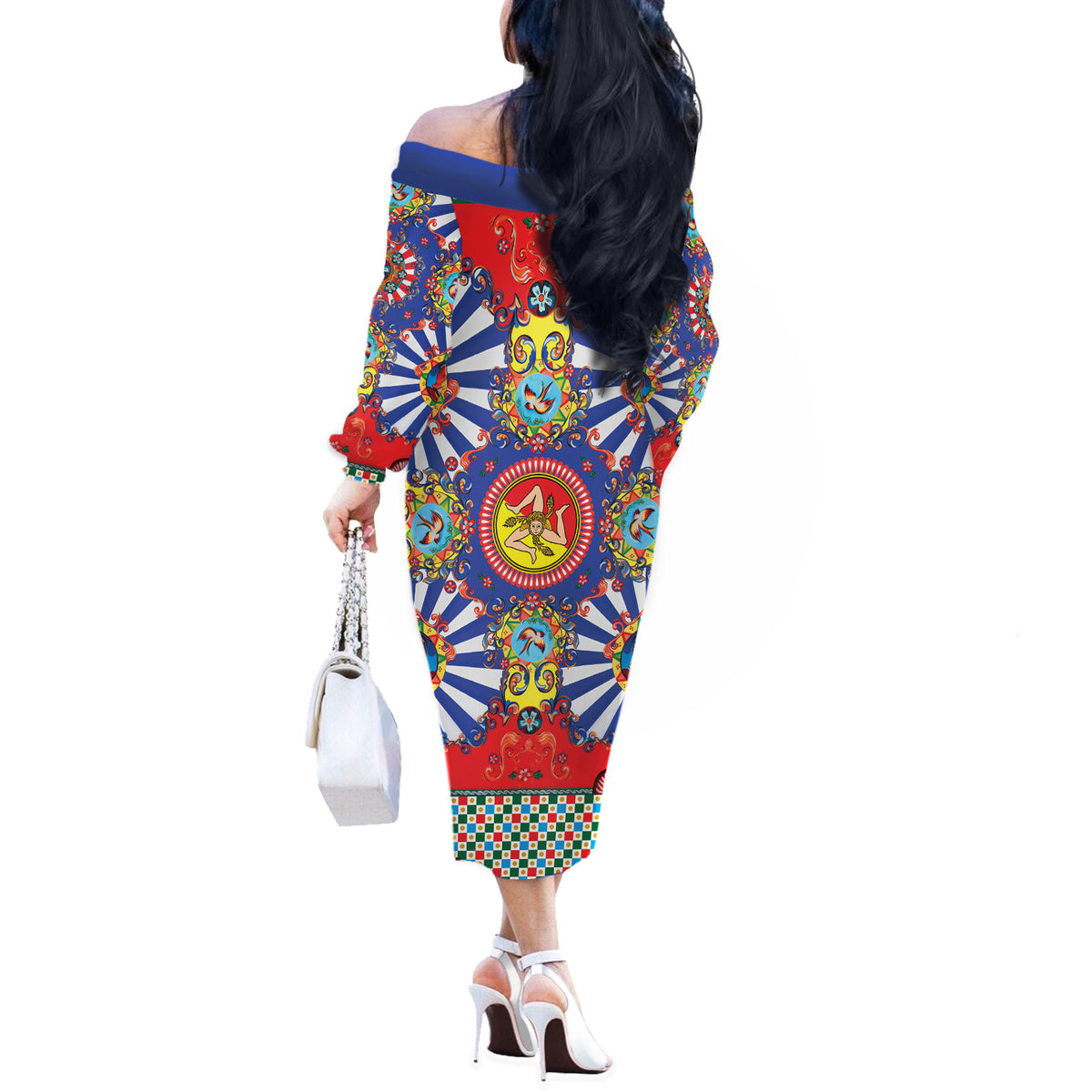 Carretto Siciliano Folk Art Off The Shoulder Long Sleeve Dress Trinacria Symbol Italian Pattern