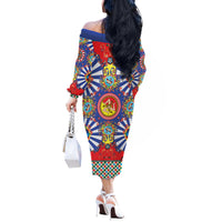 Carretto Siciliano Folk Art Off The Shoulder Long Sleeve Dress Trinacria Symbol Italian Pattern
