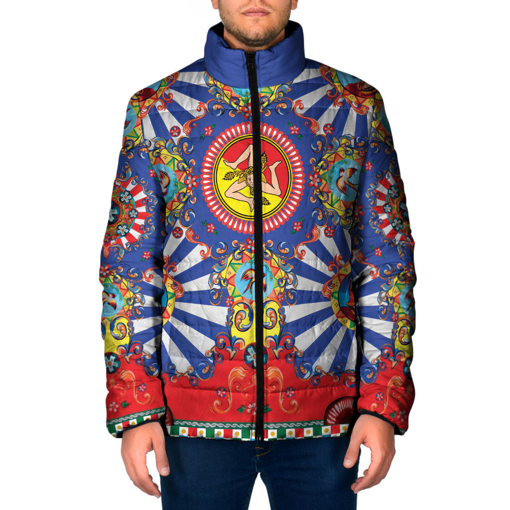 Carretto Siciliano Folk Art Padded Jacket Trinacria Symbol Italian Pattern