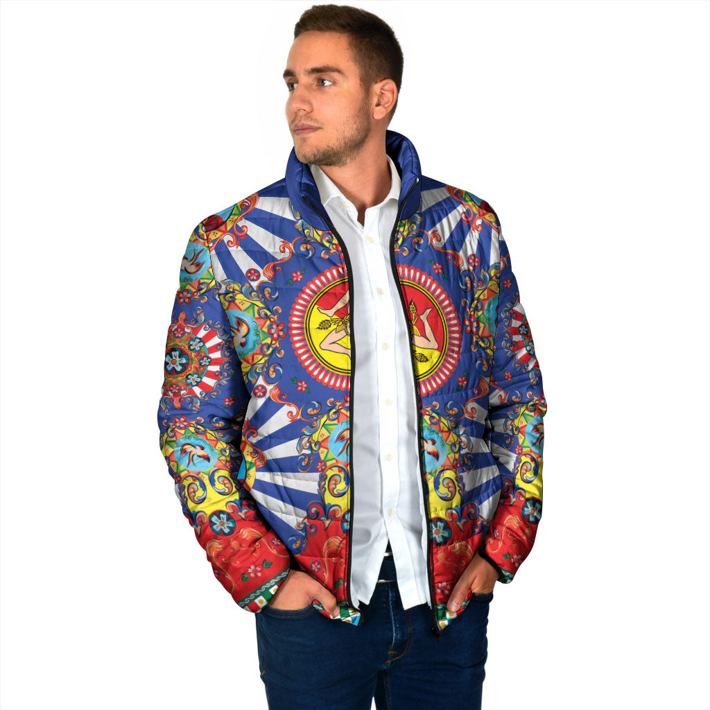 Carretto Siciliano Folk Art Padded Jacket Trinacria Symbol Italian Pattern