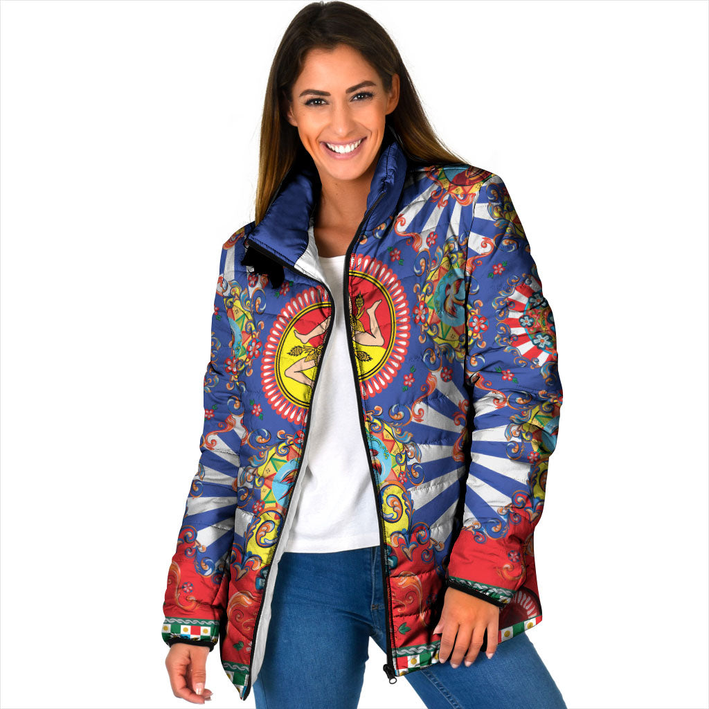 Carretto Siciliano Folk Art Padded Jacket Trinacria Symbol Italian Pattern