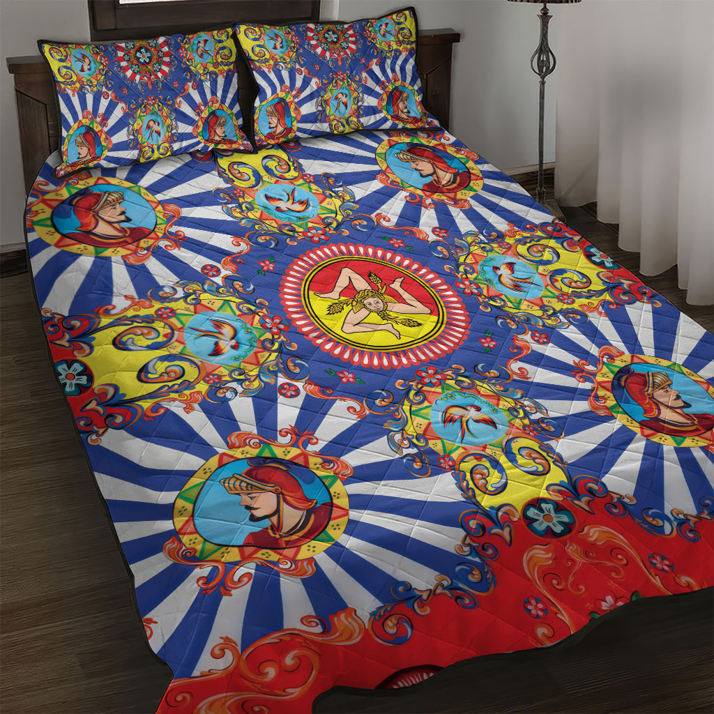 Carretto Siciliano Folk Art Quilt Bed Set Trinacria Symbol Italian Pattern