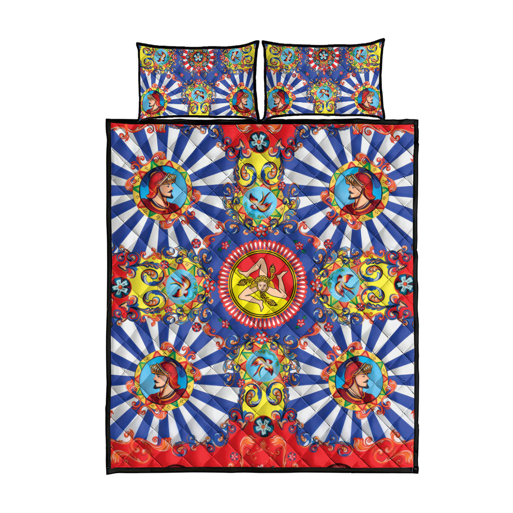 Carretto Siciliano Folk Art Quilt Bed Set Trinacria Symbol Italian Pattern