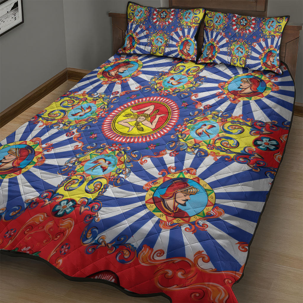 Carretto Siciliano Folk Art Quilt Bed Set Trinacria Symbol Italian Pattern