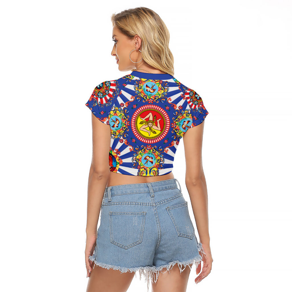 Carretto Siciliano Folk Art Raglan Cropped T Shirt Trinacria Symbol Italian Pattern