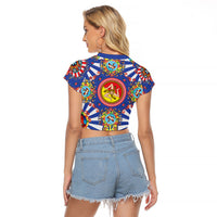 Carretto Siciliano Folk Art Raglan Cropped T Shirt Trinacria Symbol Italian Pattern
