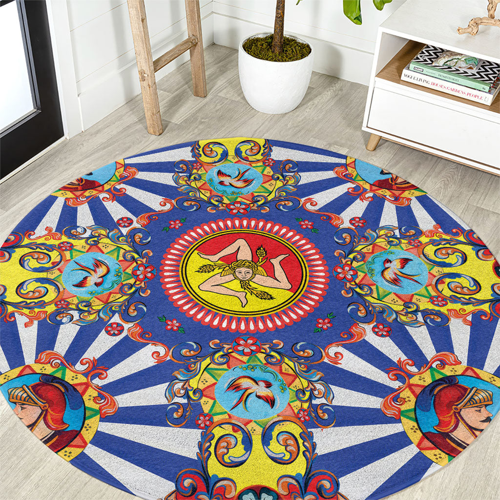 Carretto Siciliano Folk Art Round Carpet Trinacria Symbol Italian Pattern