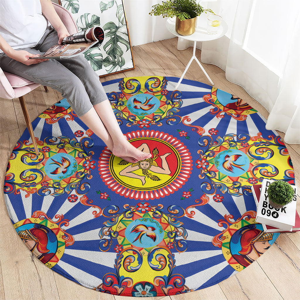 Carretto Siciliano Folk Art Round Carpet Trinacria Symbol Italian Pattern