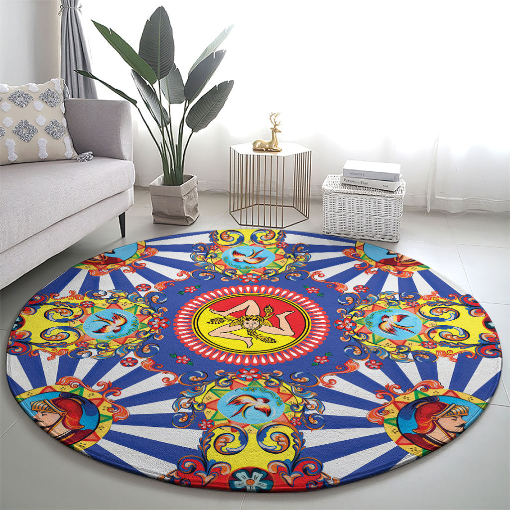 Carretto Siciliano Folk Art Round Carpet Trinacria Symbol Italian Pattern