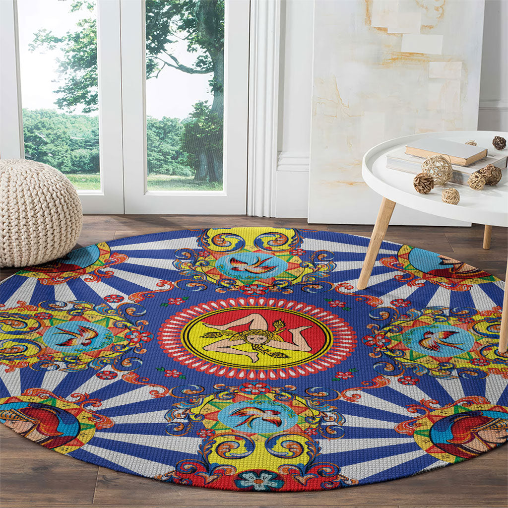 Carretto Siciliano Folk Art Round Carpet Trinacria Symbol Italian Pattern