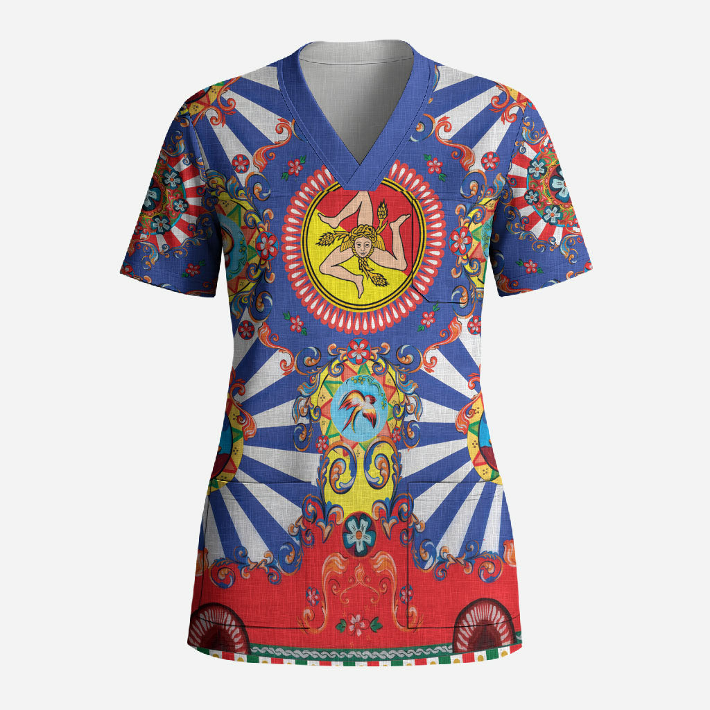 Carretto Siciliano Folk Art Scrub Top Trinacria Symbol Italian Pattern