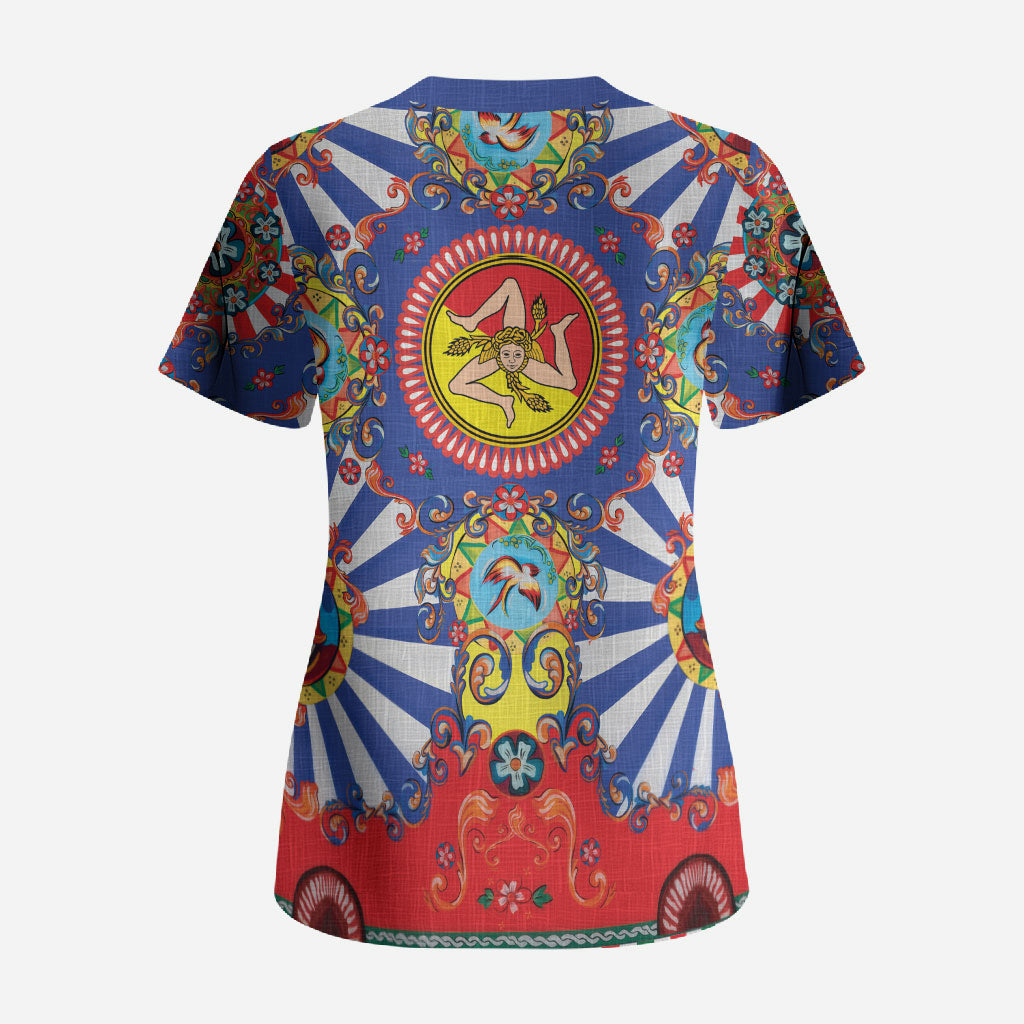 Carretto Siciliano Folk Art Scrub Top Trinacria Symbol Italian Pattern