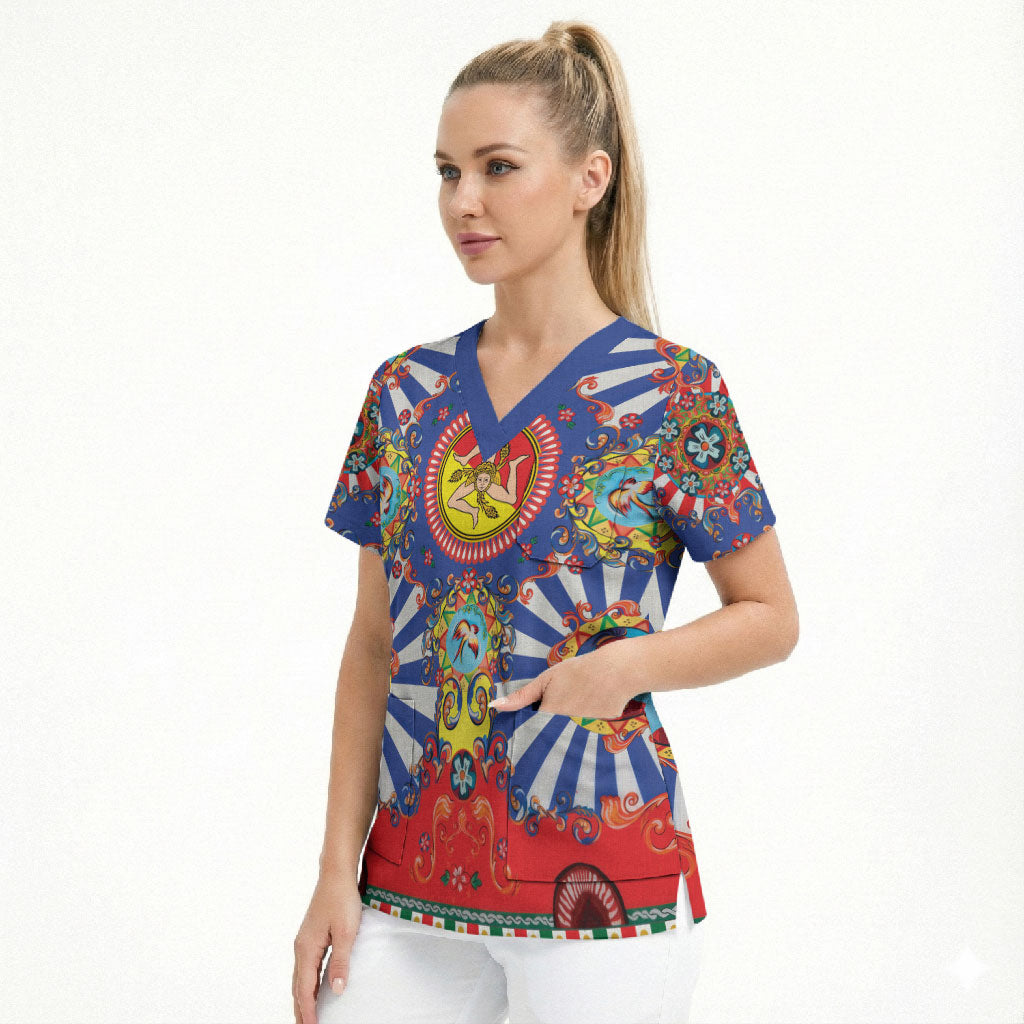 Carretto Siciliano Folk Art Scrub Top Trinacria Symbol Italian Pattern