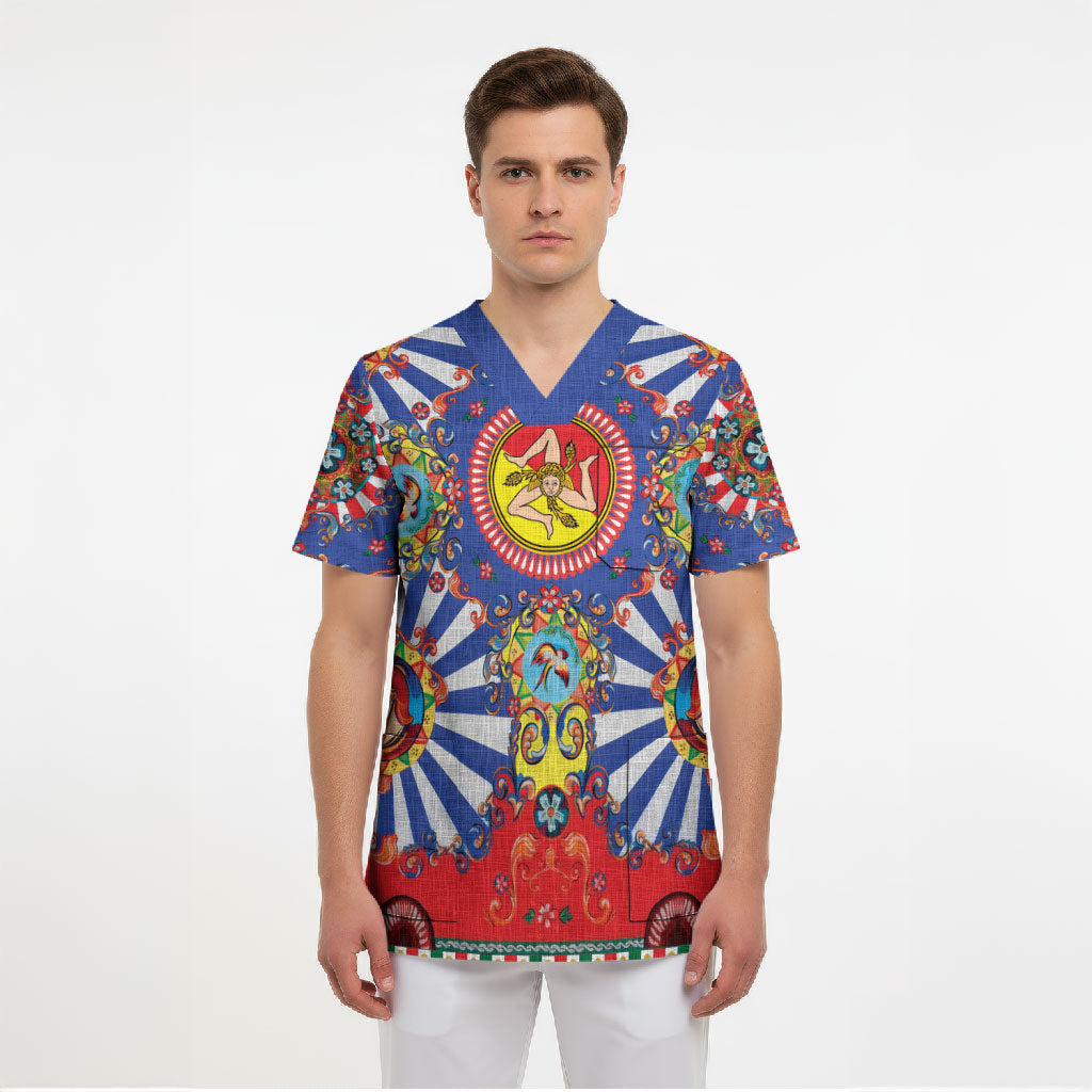 Carretto Siciliano Folk Art Scrub Top Trinacria Symbol Italian Pattern